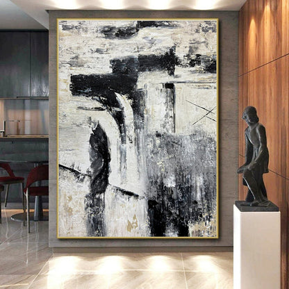Hand-Painted Black, White, and Gold Textured Abstract Art PT725