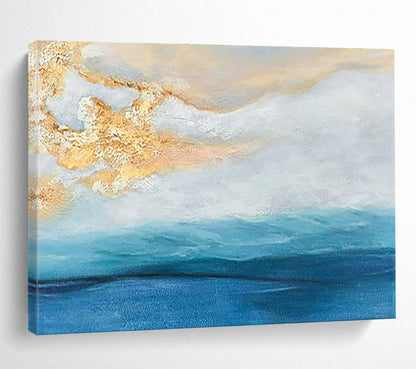 Hand-Painted Blue, White, and Gold Abstract Seaside Sunset Art HPS341