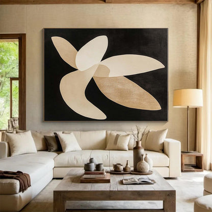 Hand Painted Art Beige and Black Abstract Floral Shapes, Modern Art Acrylic PT325