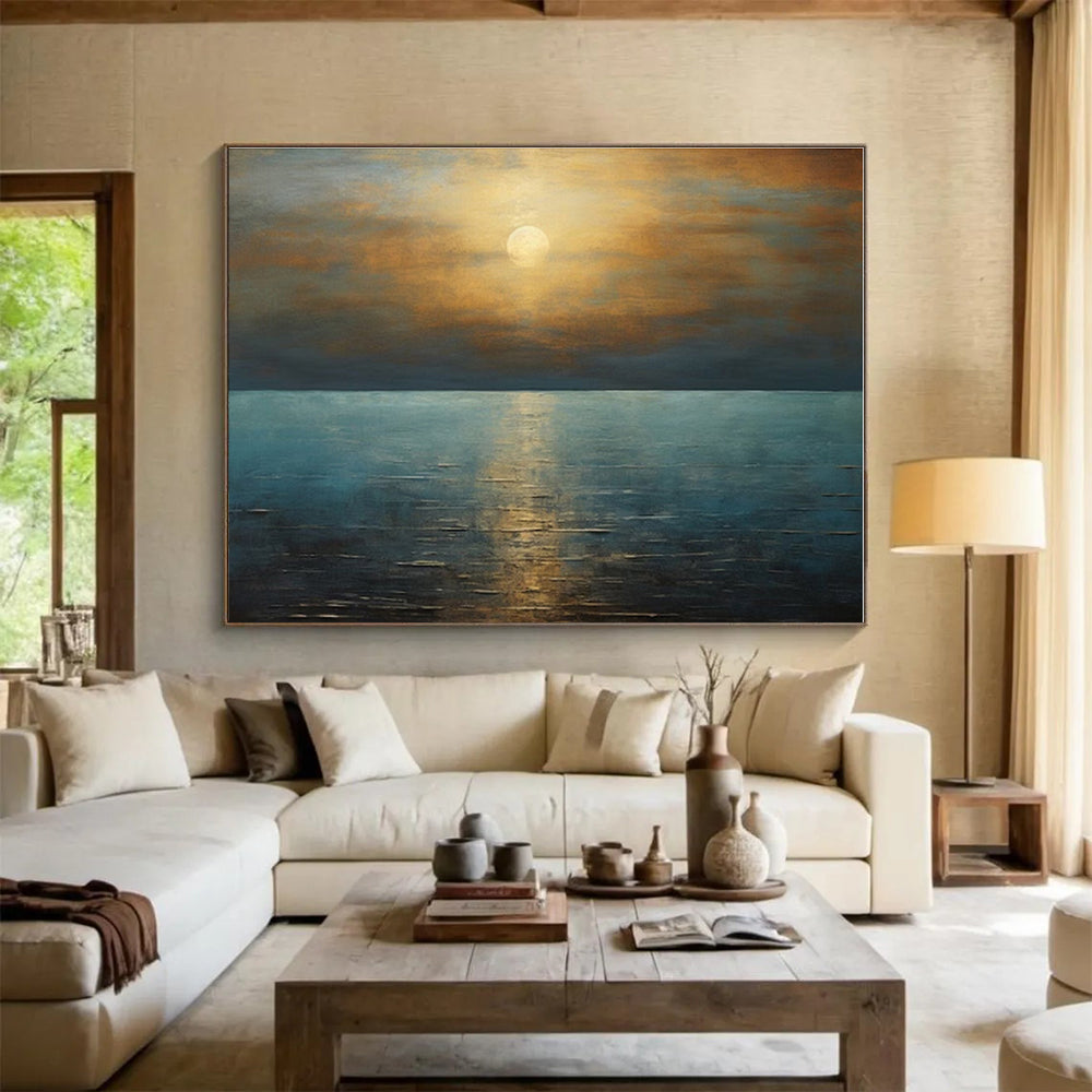 Acrylic Modern Art Paintings Golden Sunset Over Blue Sea Abstract On Canvas HPS034