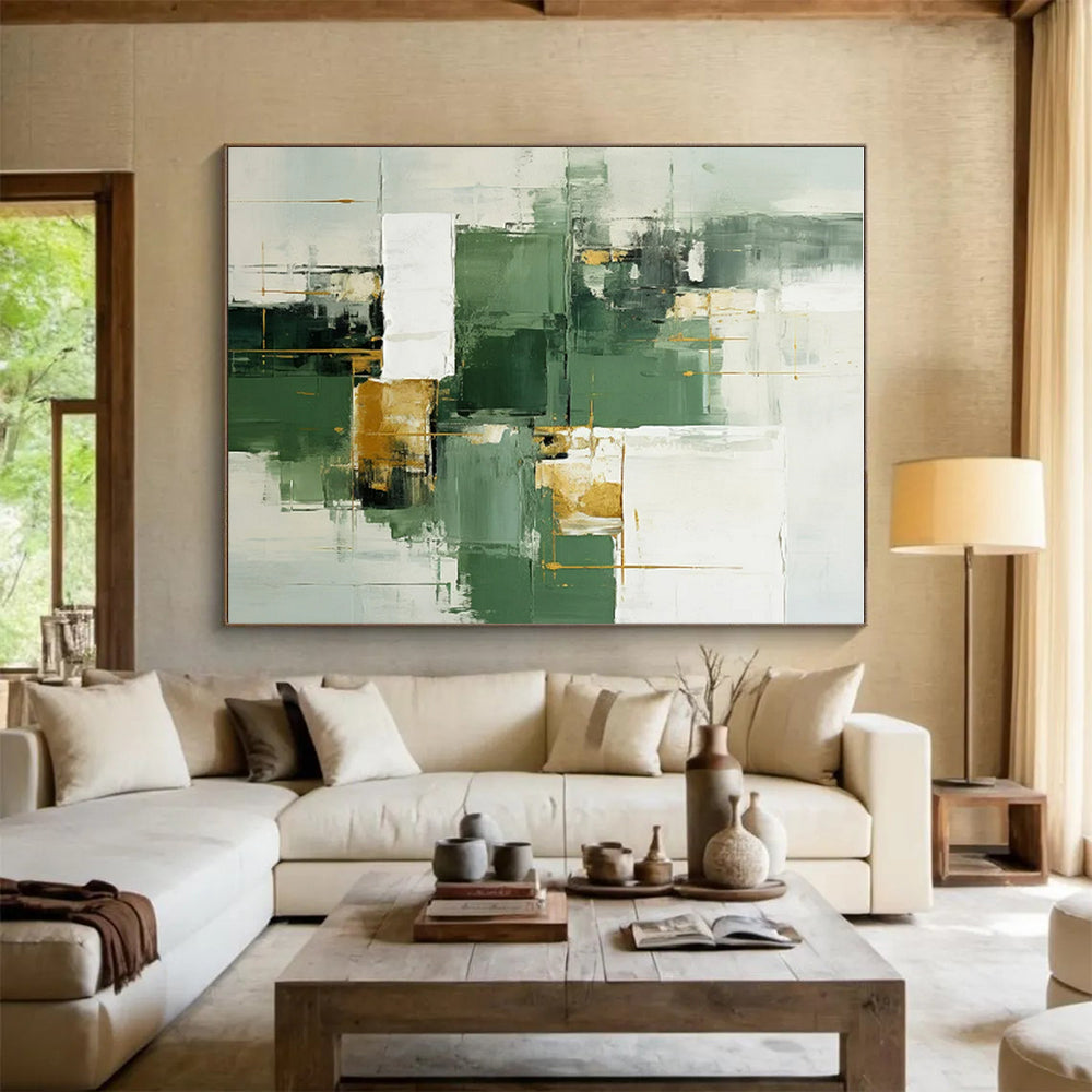 Large Size Green, White, and Gold Geometric Abstract Art PT800