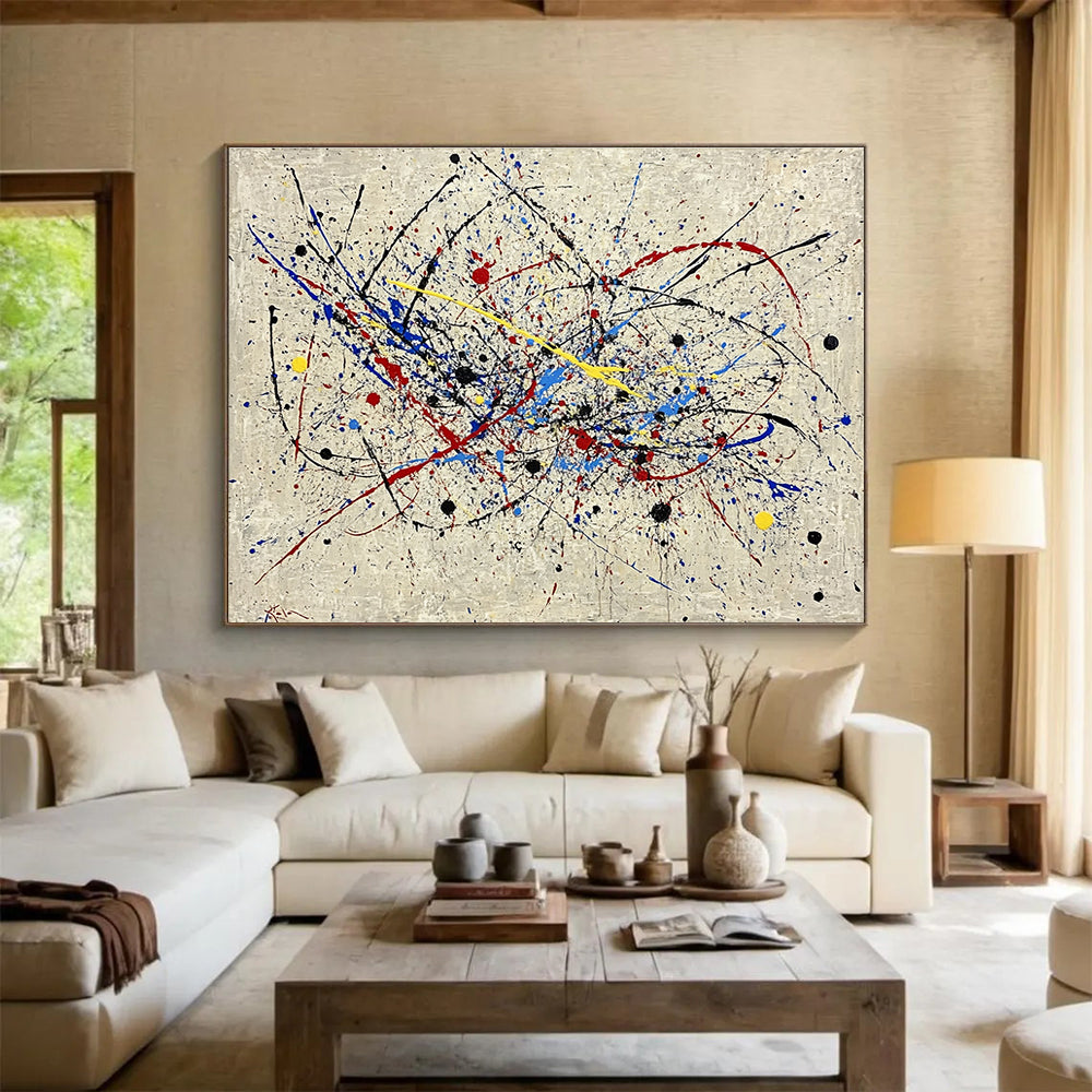 Hand-Painted Multicolor (Red, Blue, Yellow, Black) Splatter Abstract Acrylic Painting HPS251