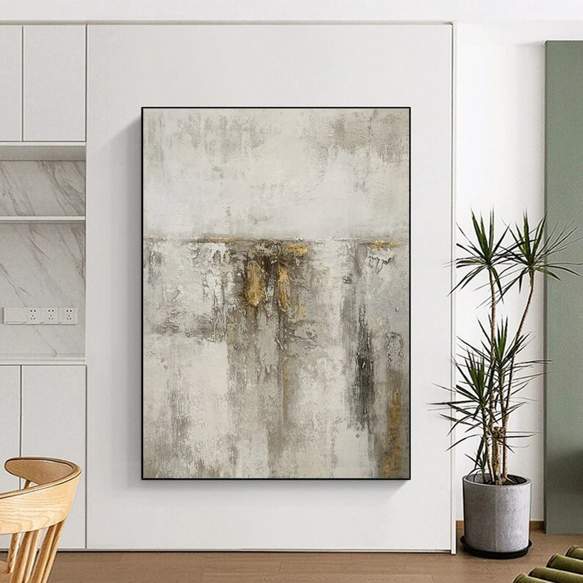 Large Painting In Living Room Gray Beige Gold Textured Abstract Art PT418