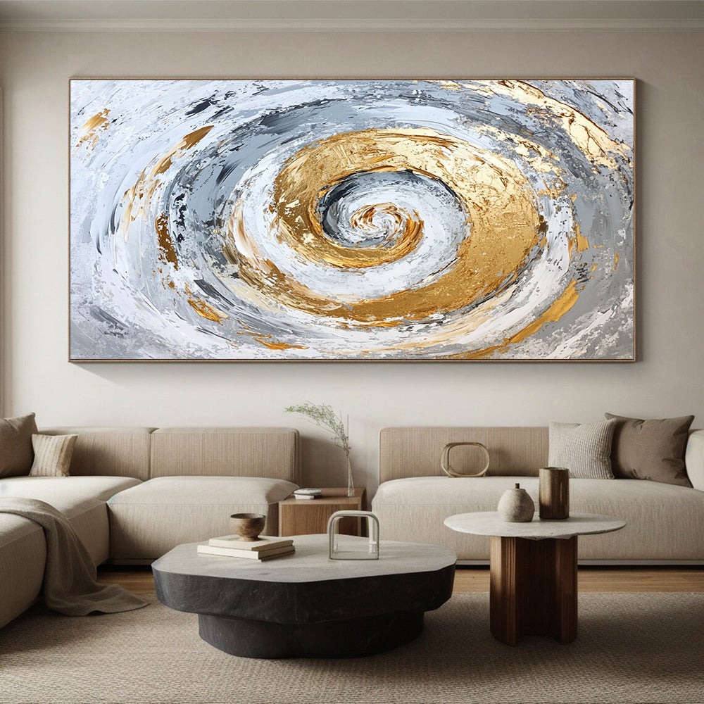 Affordable Large Abstract Wall Art, Gray White Gold Spiral Abstract Art PT138