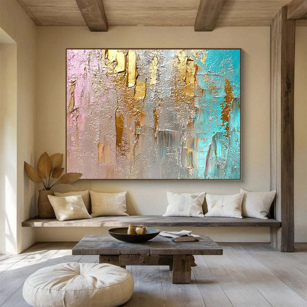 Unique Abstract Art Pink, Gold, Teal & Gray Textured Abstract Painting HPS276