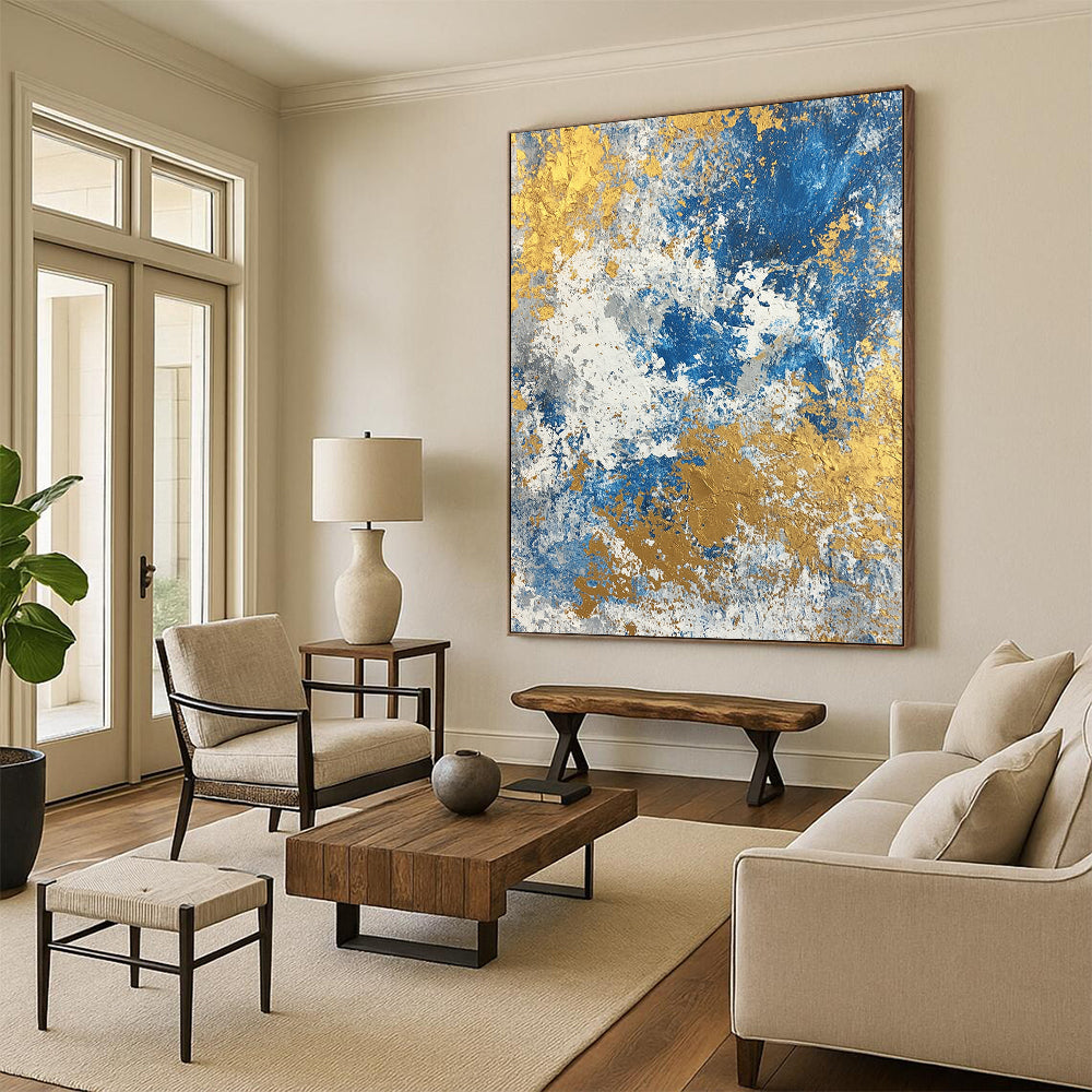 Acrylic Modern Art Paintings Blue, Gold & Gray Textured Abstract Painting On Canvas PT117