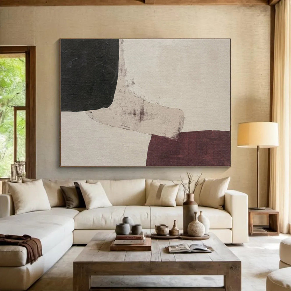 Unique Abstract Art Black, White & Maroon Geometric Abstract Painting On Canvas PT025