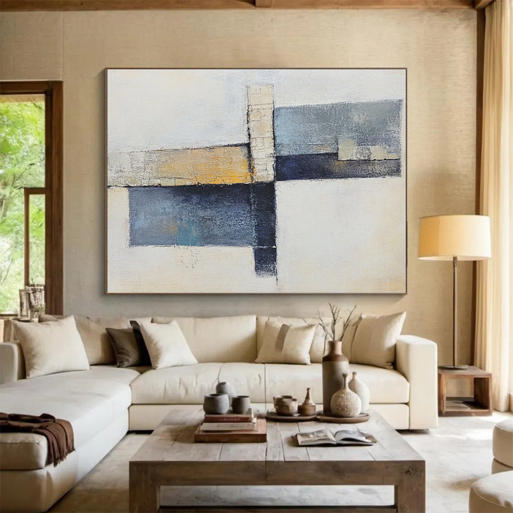 Modern Large Abstract Canvas Painting, Blue Beige Gray Abstract Geometric Art PT157