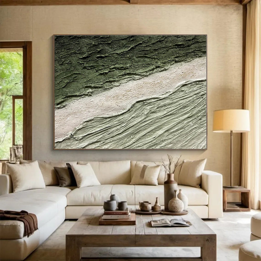 Hand-Painted Earthy Green & Beige Textured Abstract Art On Canvas HPS001