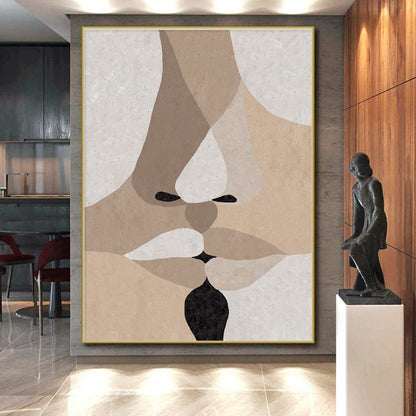 Handmade Art Beige, Black, and White Facial Abstract Art PT709