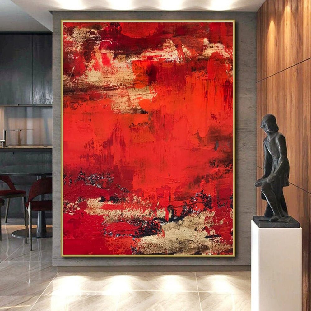 Hand-Painted Red Beige Abstract Textured Acrylic Art PT455