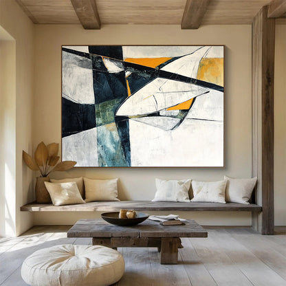 Gaint Canvas Art Black, White, Orange, and Teal Geometric Abstract Painting HPS312
