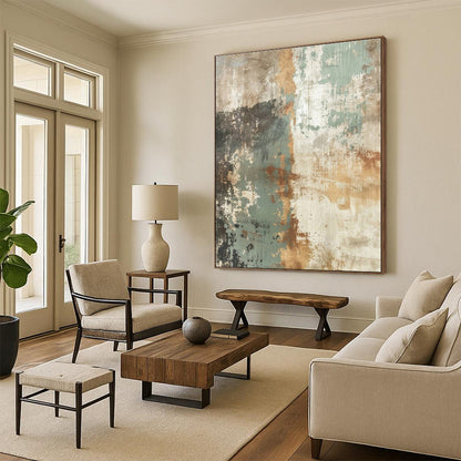 Hand Painting Teal, Brown, and Beige Textured Abstract Art PT741