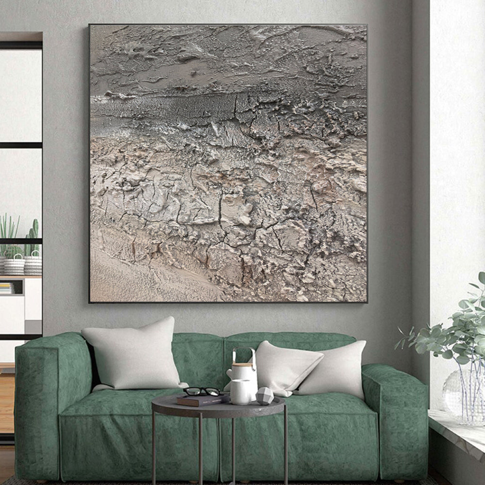 Huge Size Gray Textured Abstract Art with Cracked Details, Handmade Art Piece PT302