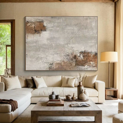 Hand Painted Art Beige, Gray, and Brown Cracked Abstract Piece, Acrylic Modern Art PT305