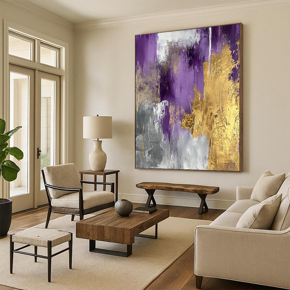 Hand Painting Purple, Gold & Gray Textured Abstract Painting On Canvas PT112