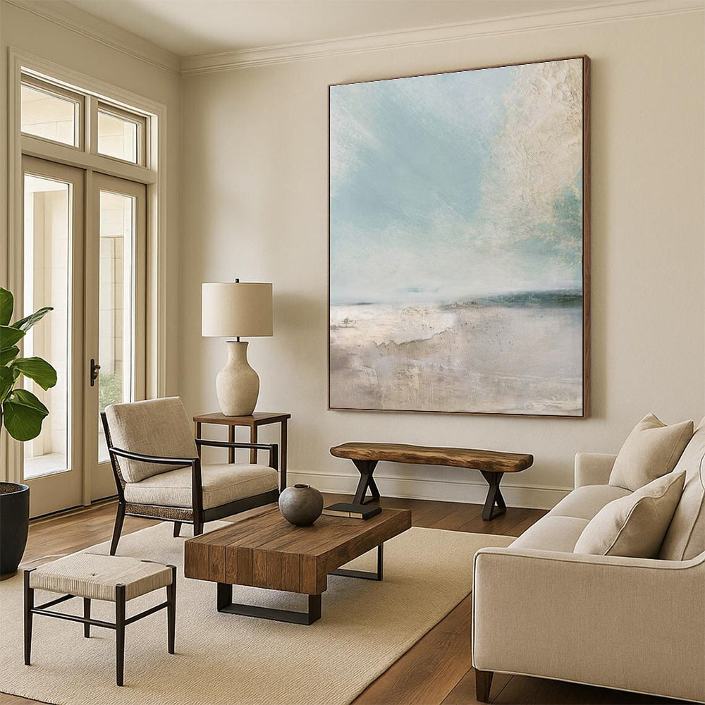 Large Size Beige, Blue, and White Textured Landscape Abstract Art PT710