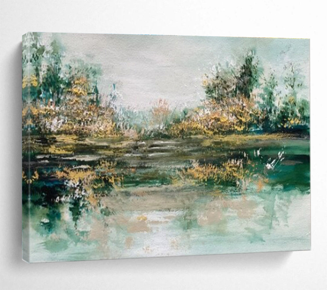 Large Contemporary Wall Art Green and Beige Abstract Lake Landscape Art HPS346