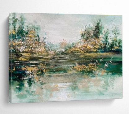 Large Contemporary Wall Art Green and Beige Abstract Lake Landscape Art HPS346