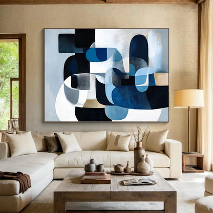 Large Size Blue, Black, White & Beige Geometric Abstract Painting HPS252