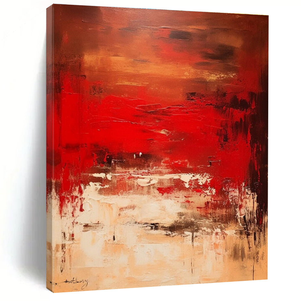 Hand Painted Art Red Beige Abstract Textured Landscape Acrylic Painting PT461