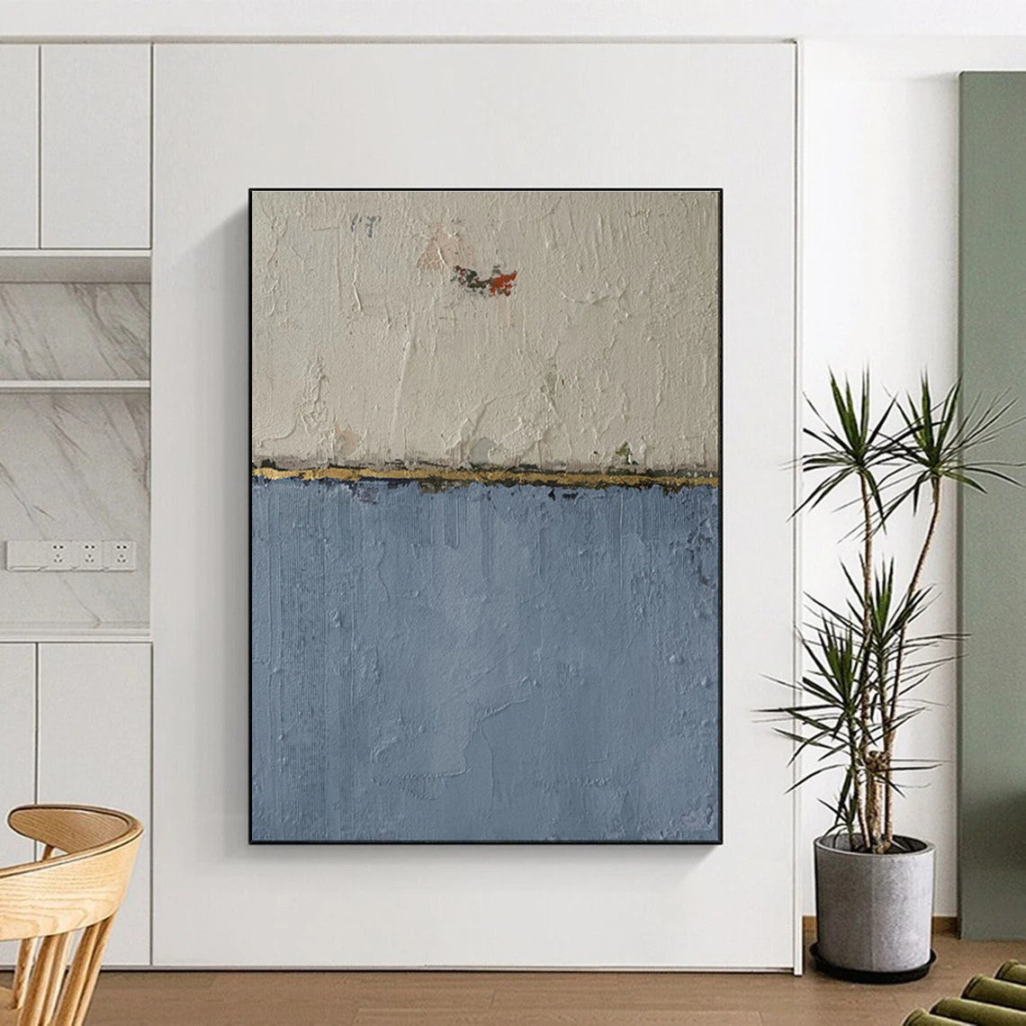 Hand-Painted Beige, Blue & Gold Abstract Minimalist, Modern Art Acrylic DPS509