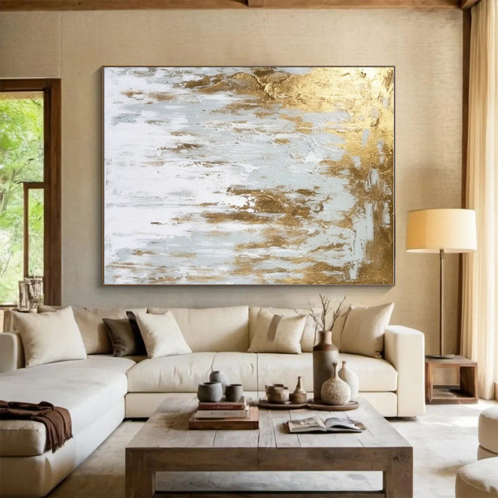 Hand-Painted Gold and White Textured Abstract Art PT666