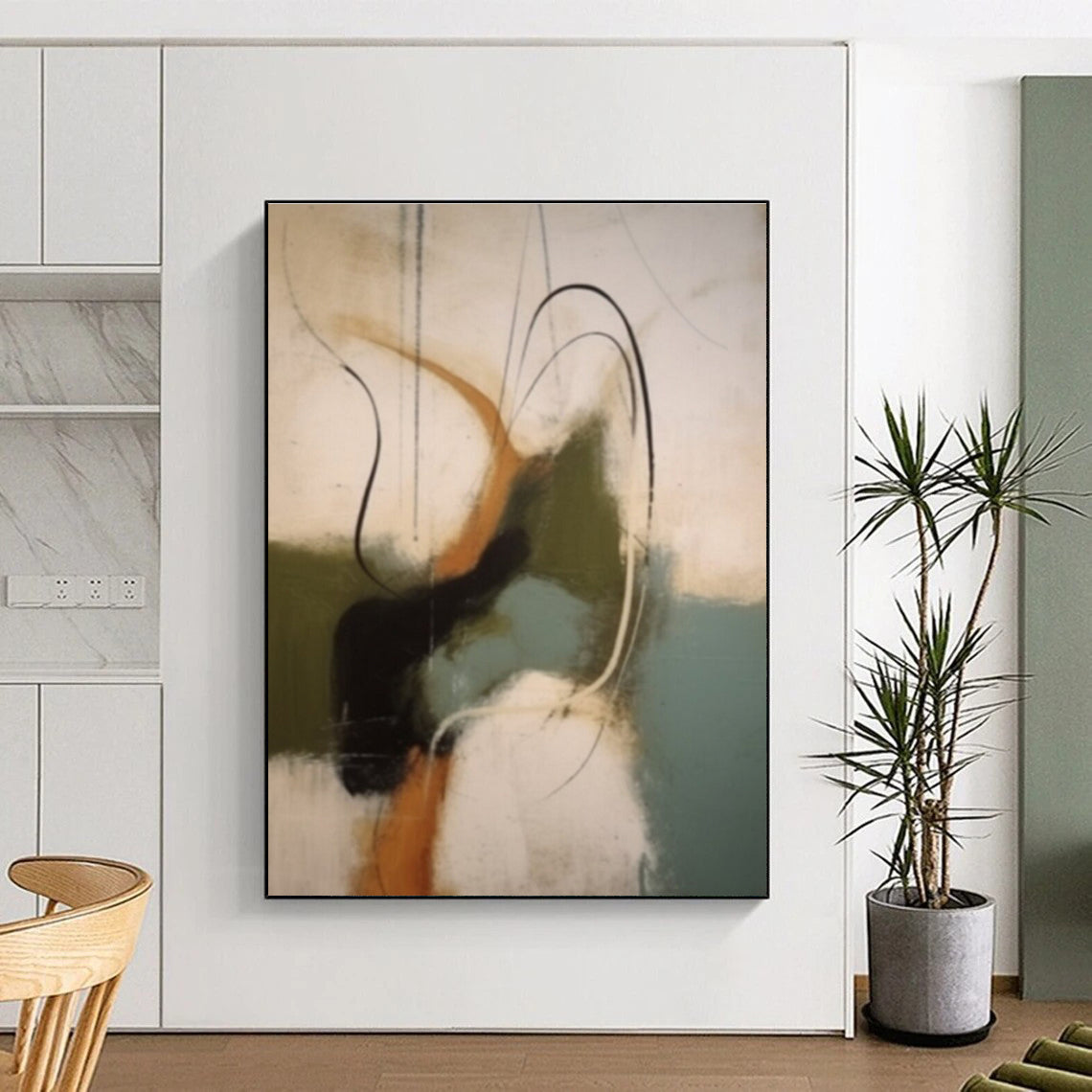 Modern Art Acrylic in Black, White, Brown, Green, and Teal Abstract Movement Shapes Painting PT267