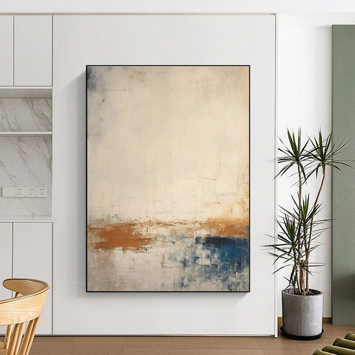 Hand-Painted Beige, Brown, and Blue Textured Abstract Art PT754