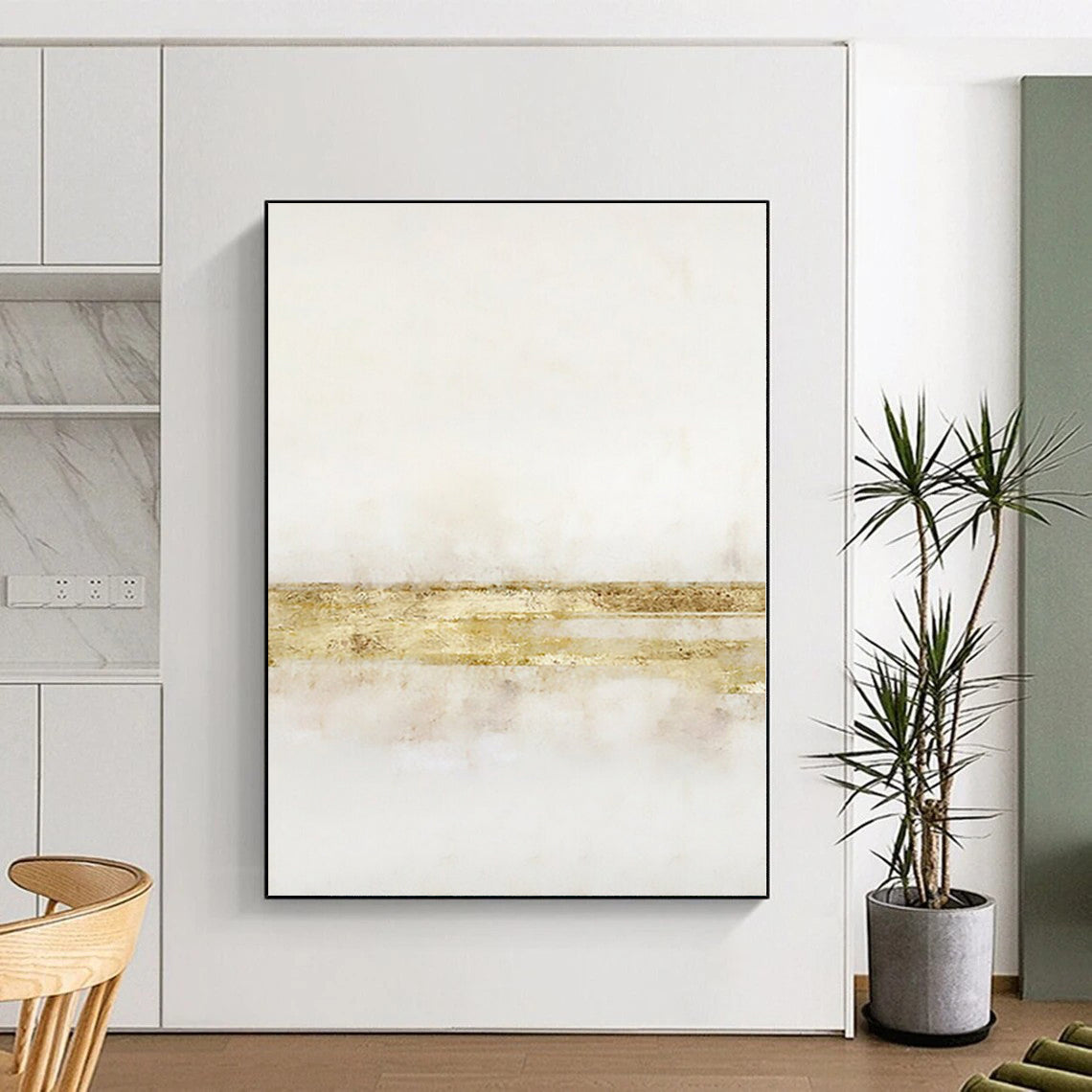 Hand-Painted White & Gold Textured Minimalist Abstract Painting On Canvas PT091