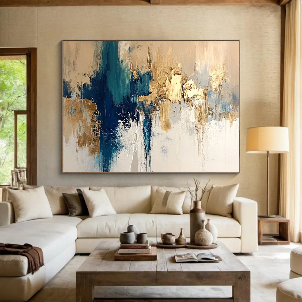 Large Size Teal, Gold & White Textured Abstract Painting HPS275