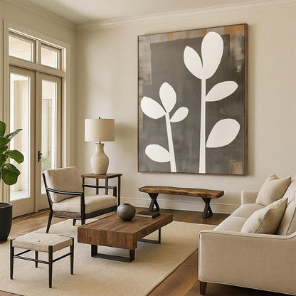 Wall Decor Abstract Paintings Large, Gray White Minimalist Plant Abstract Art PT136