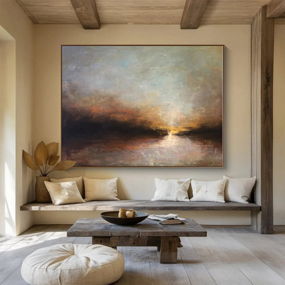 Hand-Painted Earthy Tones Sunset Landscape Abstract Painting On Canvas HPS136