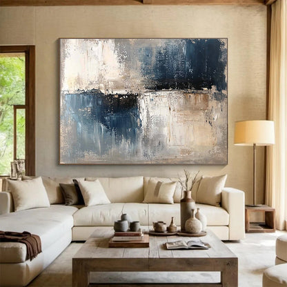Oversized Abstract Wall Art Blue, Gray & Beige Textured Landscape Abstract Painting HPS277