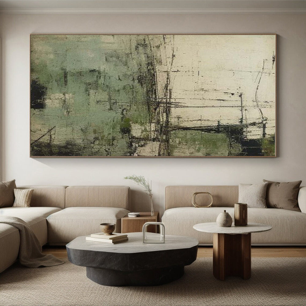 Oversized Abstract Wall Art Green Beige Textured Urban Abstract Art PT336