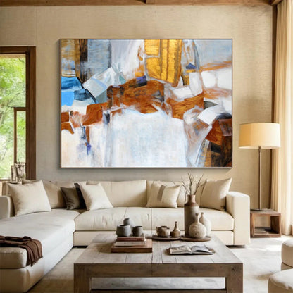 Hand Painted Art with Brown, White, and Blue Geometric Abstract Shapes, Large Contemporary Wall Art PT003