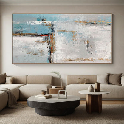 Large Painting In Living Room Blue Gray Gold Textured Abstract Art PT427