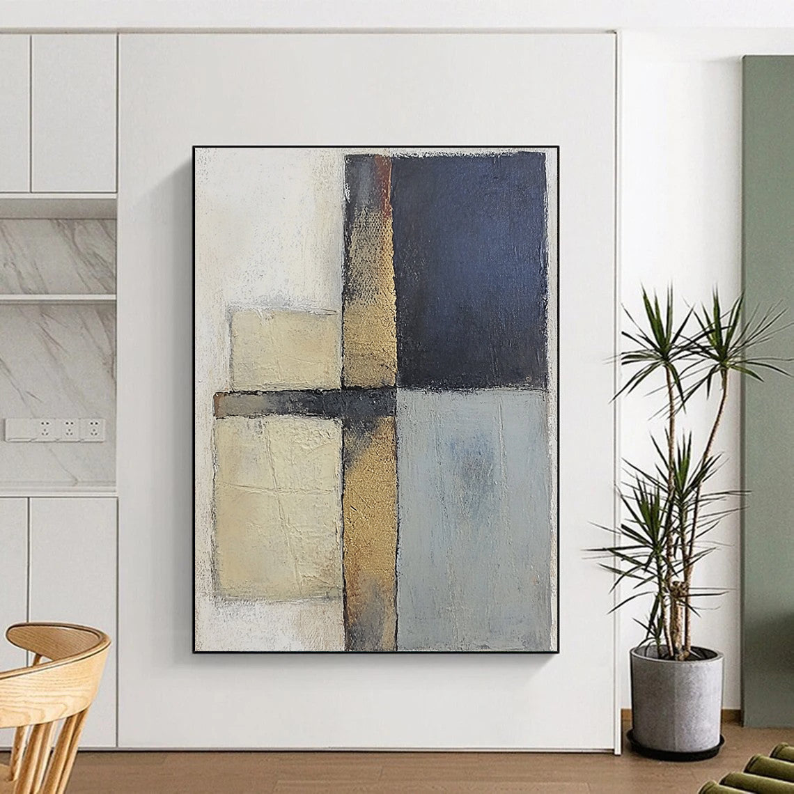 Custom Large Abstract Art For Living Room, Beige Blue Gold Abstract Geometric Art PT159