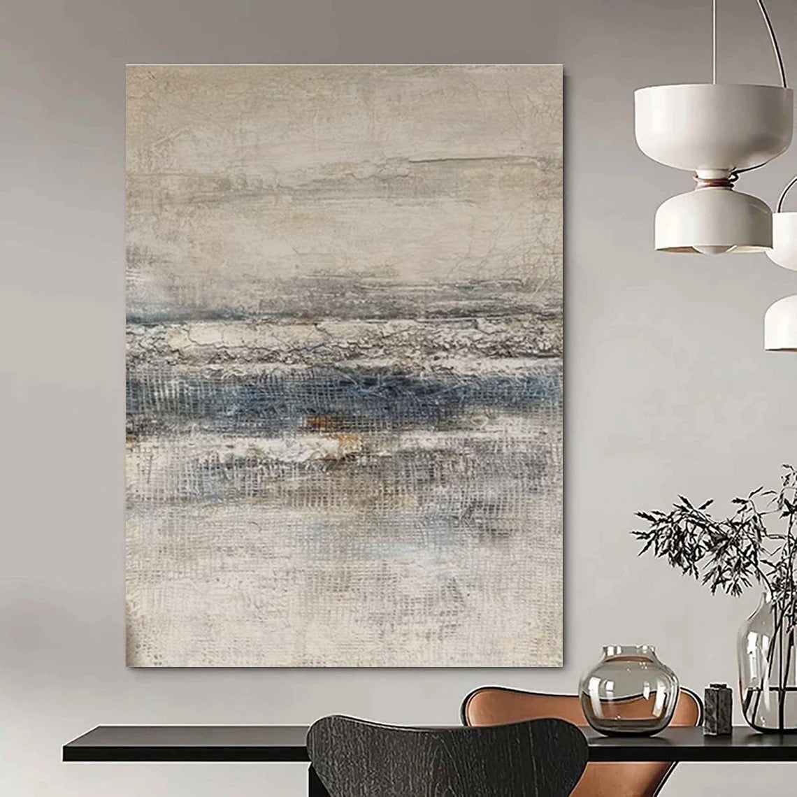 Large Contemporary Wall Art Gray, Beige, and Blue Textured Abstract Landscape Art DPS461