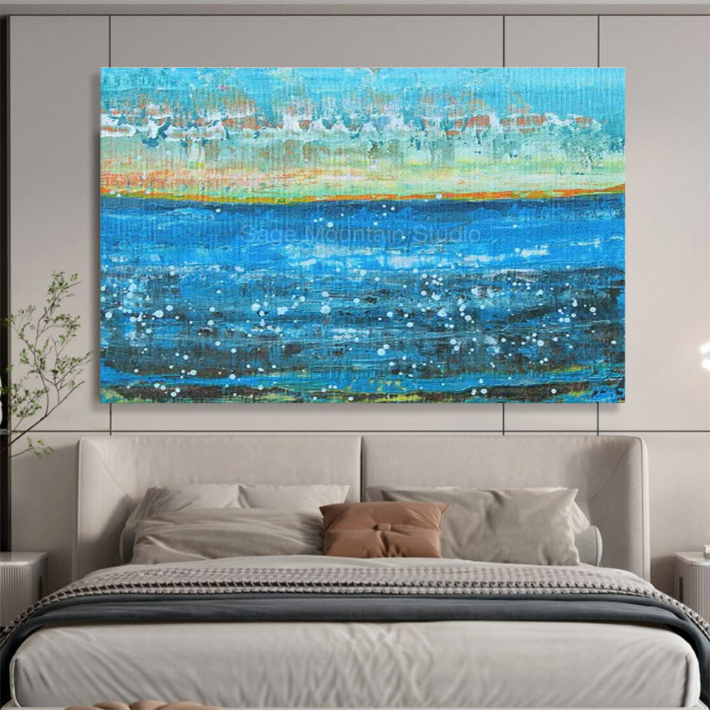 Hand-Painted Blue, Orange, and White Abstract Seaside Art HPS411