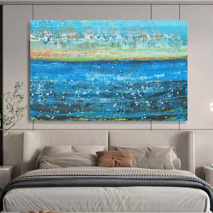 Hand-Painted Blue, Orange, and White Abstract Seaside Art HPS411