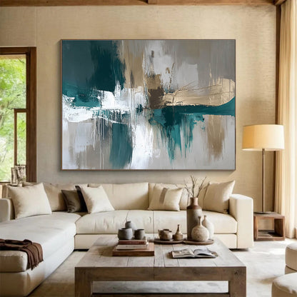 Modern Art Acrylic Teal, Gold, Gray & White Textured Abstract Painting HPS299