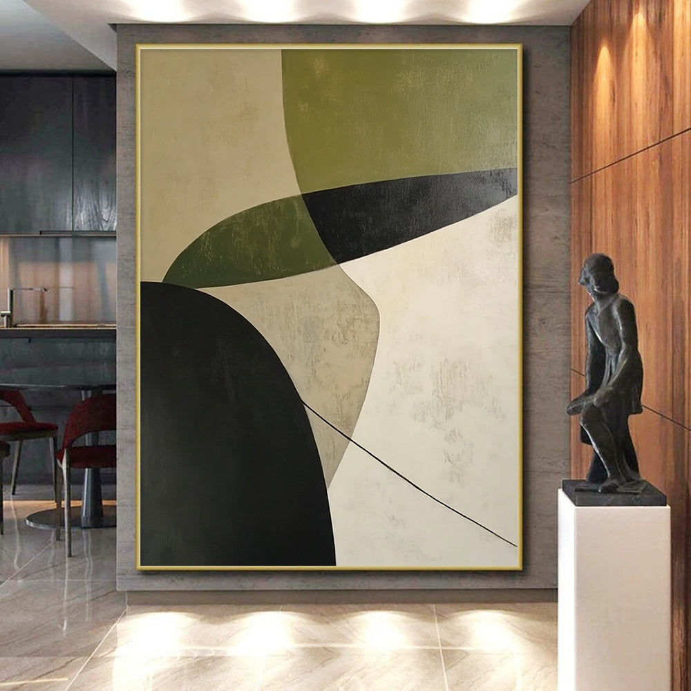 Affordable Large Abstract Wall Art With Green, Black, Beige Geometric Forms On Canvas PT188