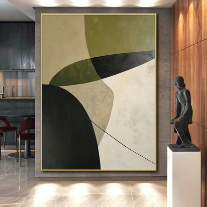 Affordable Large Abstract Wall Art With Green, Black, Beige Geometric Forms On Canvas PT188