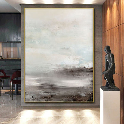 Big Painting in Beige, Grey, and Brown Abstract Misty Landscape Art PT238
