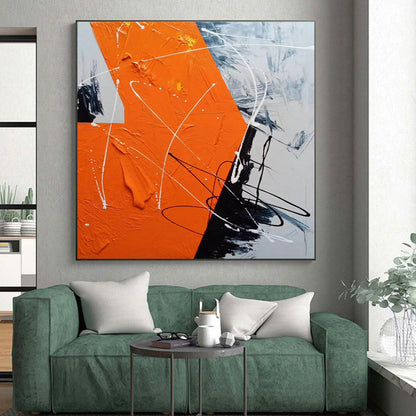 Large Painting In Living Room Orange Black White Textured Abstract Art PT409