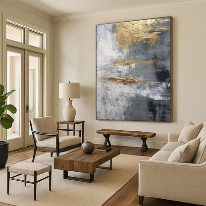 Hand-Painted Gold, Gray, and White Textured Abstract Art PT735