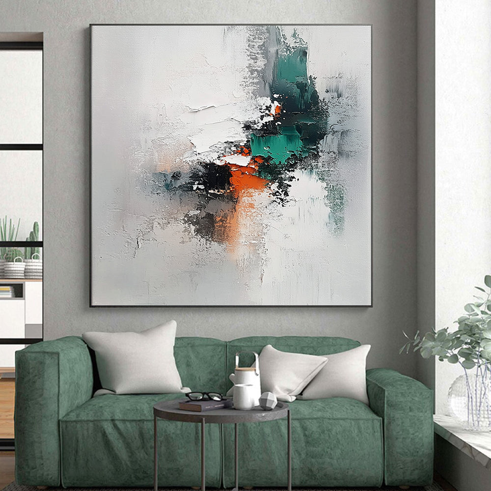 Big Abstract Painting On Canvas With Gray, Teal, Orange Textured Abstract Composition On Canvas PT198