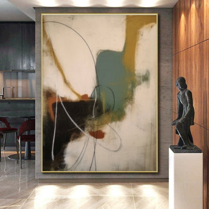 Unique Abstract Art in Black, White, Brown, Teal, and Orange Abstract Shapes and Lines Painting PT266