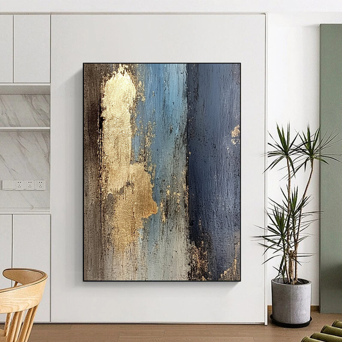 Large Abstract Art For Sale With Blue, Black, Gold Textured Accents On Canvas PT184